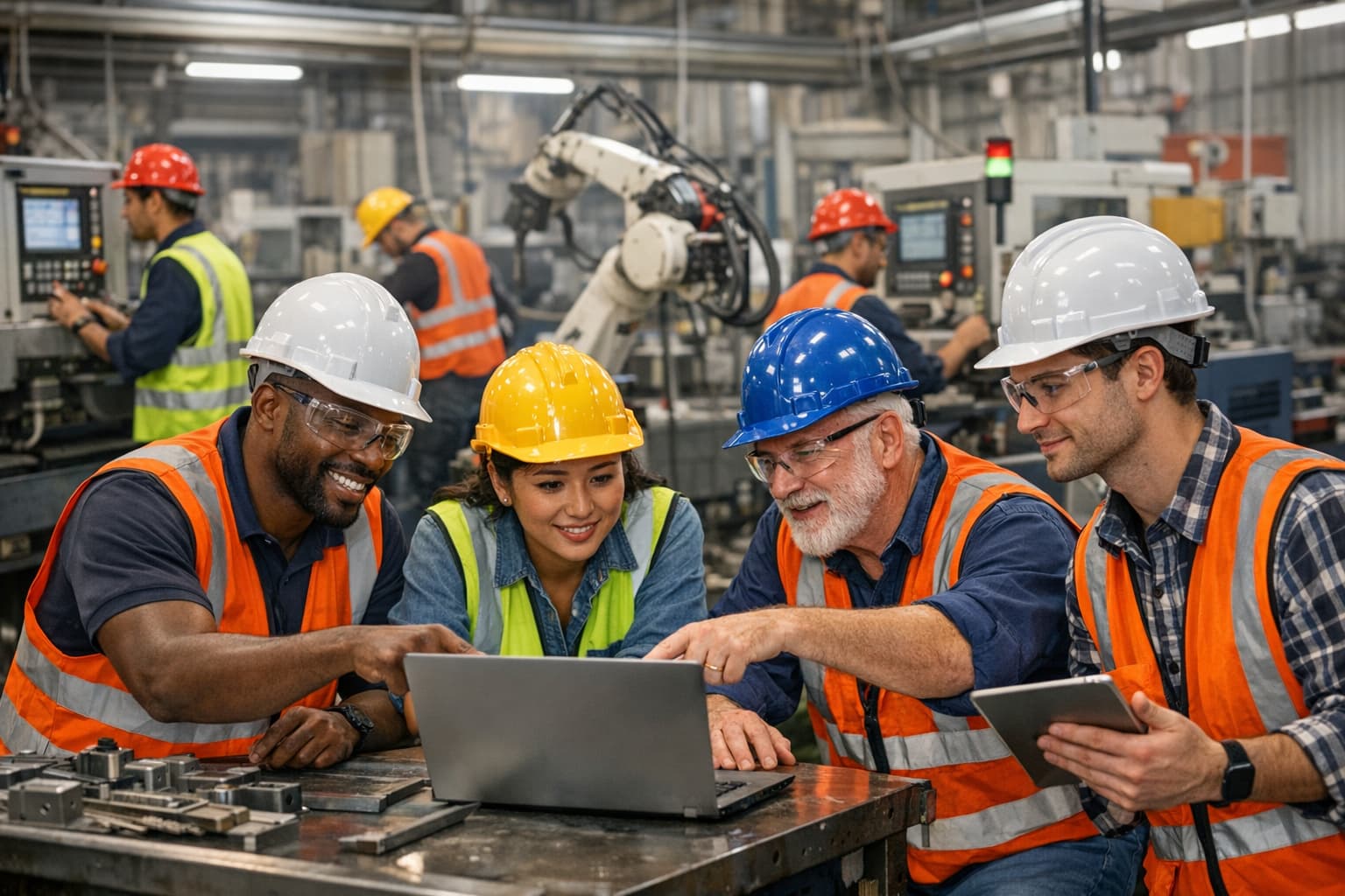 People working in a factory, wearing safety gear and collaborating with machines and technology.