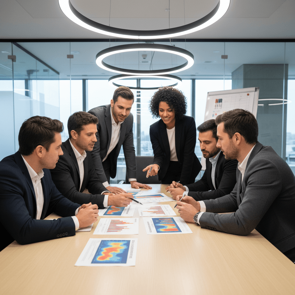 Equipe analisando em conjunto planos de ação automáticos da Mentorisk