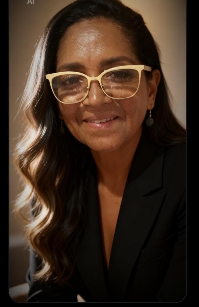 Mulher sorridente de óculos claros e blazer preto, com longos cabelos escuros e ondulados.